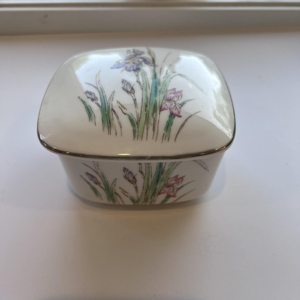Vintage Made in Japan Porcelain Trinket Box with Iris Floral Design & Gold Trim
